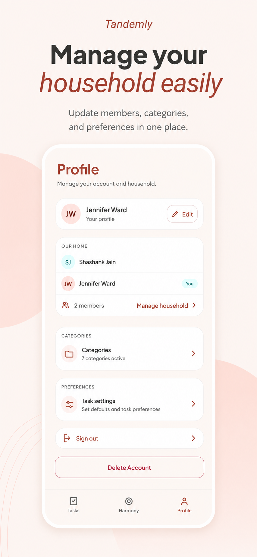 Tandemly To-Do profile screen