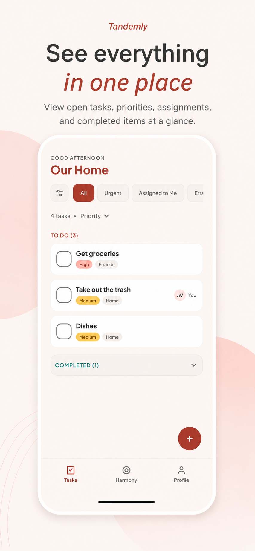 Tandemly To-Do shared tasks screen
